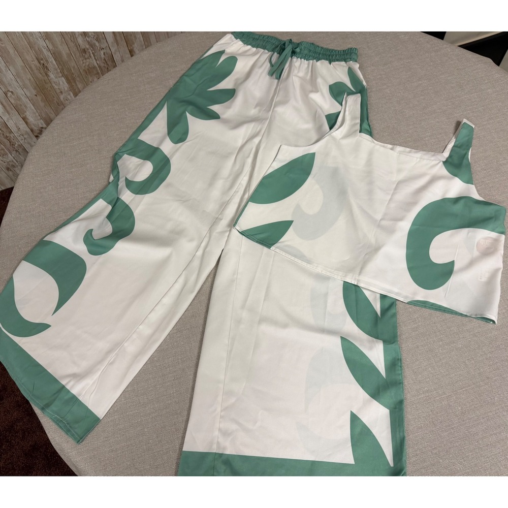 White Sage Green Abstract 2 piece Crop Top and Wide Leg Crop Pant Set Boutique
